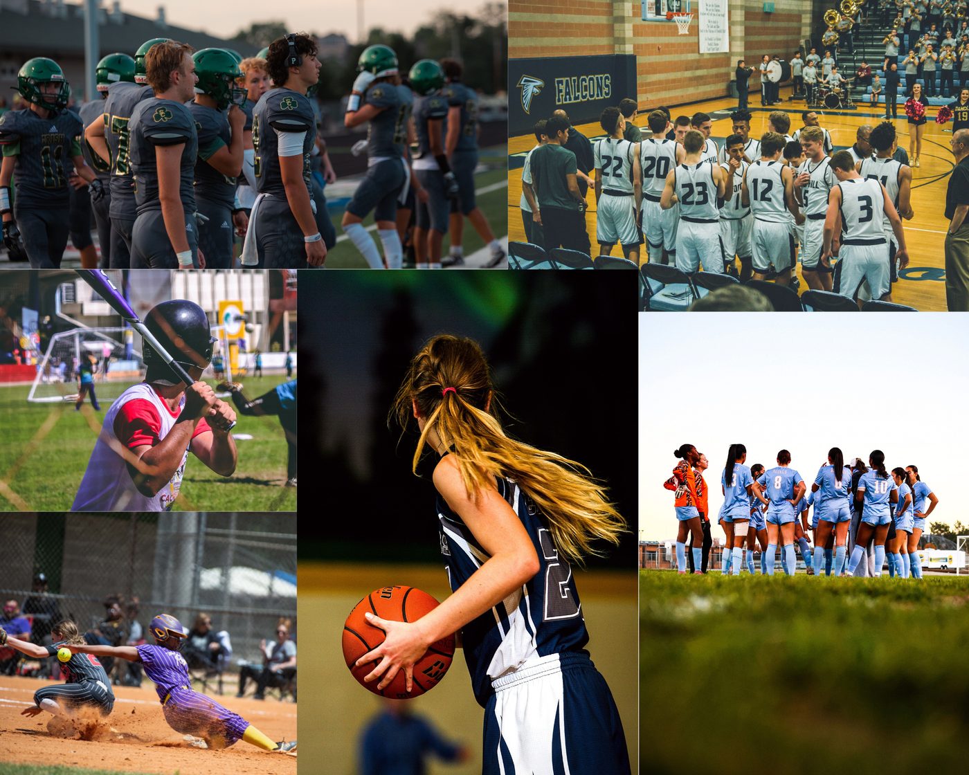 High school athletes across multiple sports — football, basketball, baseball, softball, soccer